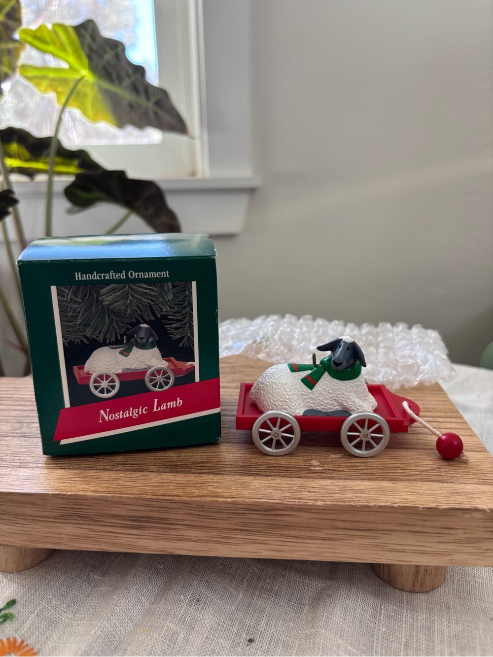 Hallmark Vintage Lamb Pull Toy Ornament - Red and White